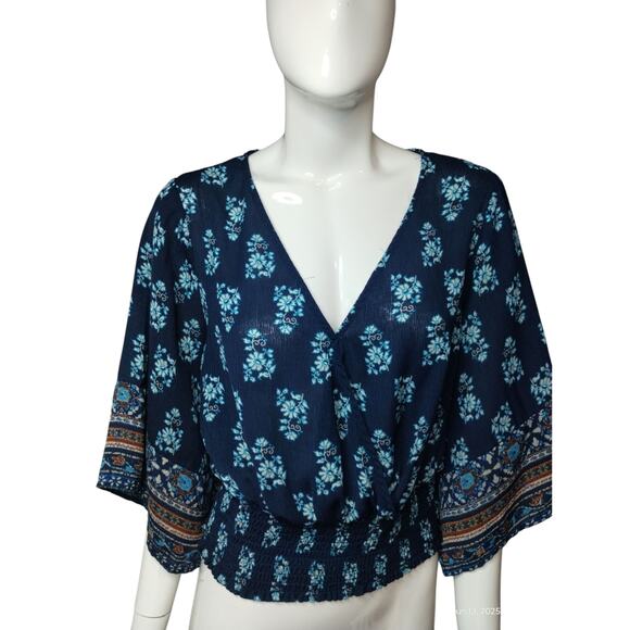 Twine & String Womens Large Top Kimono Sleeve Mosaic Floral Smocked Waist Boho - Picture 2 of 13